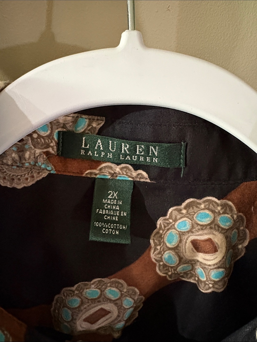 Men's Black Patterned Button-Up Shirt with Brown & Teal Accents - Picture 2 of 3